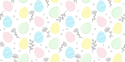 Colorful Easter eggs with different textures on a white background with flowers and inflorescences. Festive endless texture. Vector seamless pattern for festive design, Easter wrapping paper, giftwrap