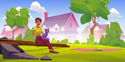 Biracial woman sitting outdoors with cat on laps. Vector cartoon illustration of female character and pet animal having rest in backyard near countryside cottage house, blanket on grass. Summer relax