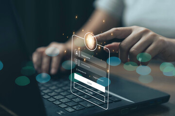 usinessman concept online login with fingerprint, personal data link with internet technology, security code, big data, online marketplace