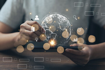 Business people use smart online transactions with internet network technology that has signals around the world, big data, information seekers around the world, check stock market prices, online mark