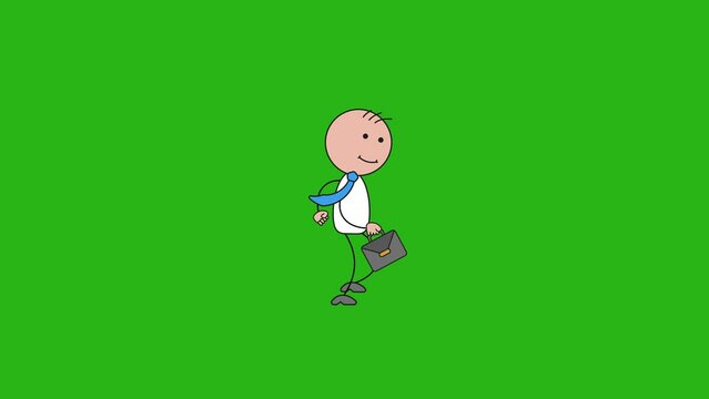 stickman businessman walking animation, hand drawn cartoon motion animation.green Transparent Background.Chroma key.