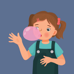 Happy little girl blowing chewing gum bubbles 
