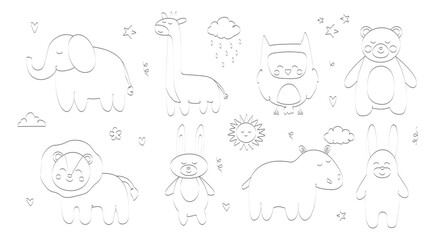 Baby animals line set. Collection of stickers for social networks and messengers. Tropic and exotic, fauna and wild life, forest. Cartoon flat vector illustrations isolated on white background