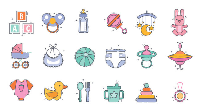 Baby icons set. Collection of graphic elements for website. Rattle, diaper, pacifier, rabbit and rubber duck. Toys and clothes. Cartoon flat vector illustrations isolated on white background