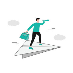 Businessman character with case bag and looks through spyglass flying on paper airplane. Vector illustration