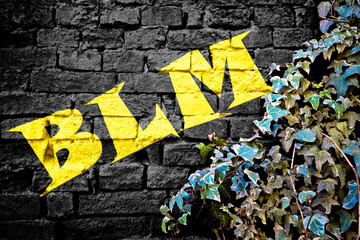BLM yellow graffiti on black brick wall with ivy plant