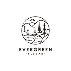 evergreen Tree forest, mountain and creek river vintage hipster logo design