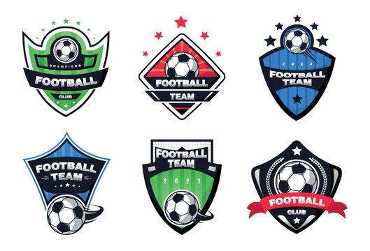 Football team badge set. Collection of graphic elements for website. Active lifestyle and sports. Colorful crest, emblem or logotype. Cartoon flat vector illustrations isolated on white background