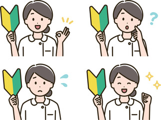 初心者マーク（若葉マーク）を持った看護師の女性の表情バリエーションのイラストセット（肌色ありバージョン）