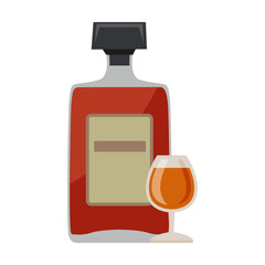 Cognac alcoholic drink and glass vector illustration. Liquor bottle with label, whiskey, rum, wine isolated on white background