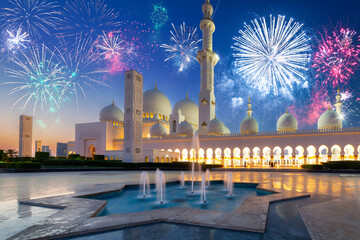 New Year fireworks display over the Grand Mosque in Abu Dhabi, United Arab Emirates