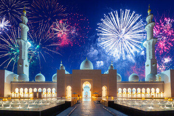 New Year fireworks display over the Grand Mosque in Abu Dhabi, United Arab Emirates
