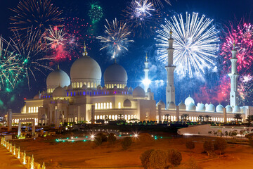 New Year fireworks display over the Grand Mosque in Abu Dhabi, United Arab Emirates