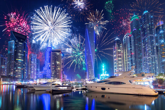 Fototapeta New Year fireworks display in Dubai, UAE