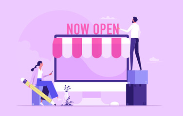 Open shop online, start e-commerce store selling product online, build website create store on the internet concept, business people shop owner building new website on computer