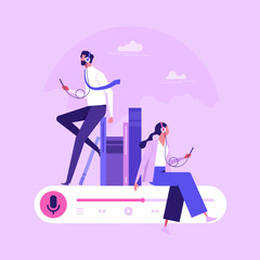 Man and woman sitting with phone choosing or listening podcasts in mobile app. Audio podcast. Concept of online podcasting, online radio show, flat vector illustration