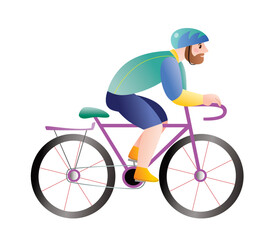 Bearded young man in a helmet rides a bicycle