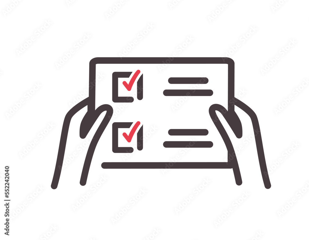 Poster color accreditation list icon. character in his hands holds list with tasks and red checkmarks. sitk