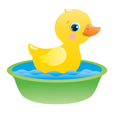 Cartoon yellow duck in the green bowl of water