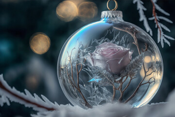 Transparent Christmas toy with an enchanting rose inside, which is covered in ice