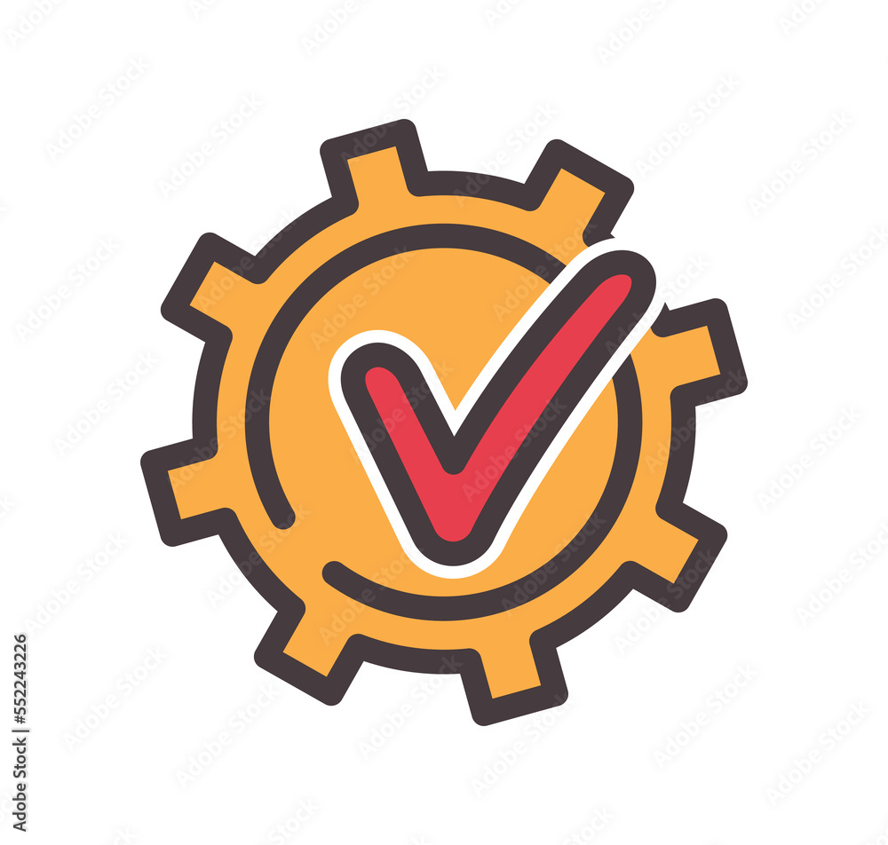 Poster color gear with tick icon. metaphor for organizing efficient workflow. sticker for social networks a