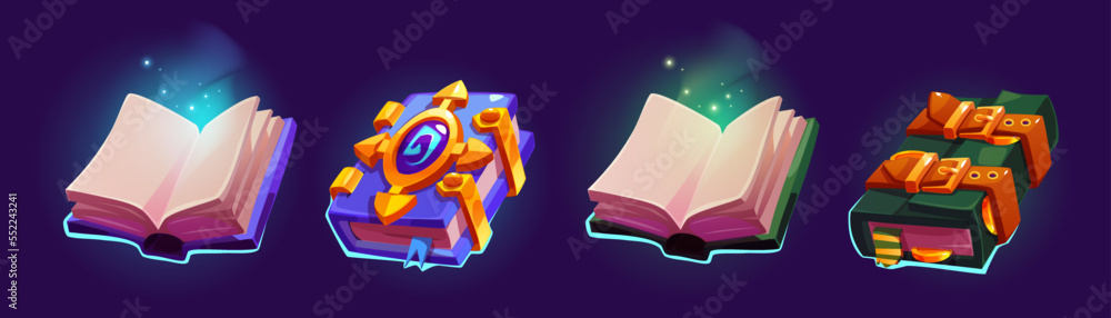 Poster magic spell books, fantasy alchemy grimoires, closed and open wizard diary with mysterious glow and 