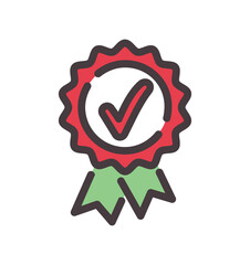 Color badge with tick icon. Symbol of quality, approval and acceptance. Feedback, rating and ranking. Graphic element for website. Poster or banner, interface. Cartoon flat vector illustration