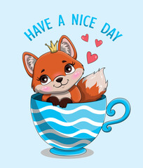 Cute fox wish. Charming character in crown stands in large blue mug. Design for invitation and greeting card. Holiday and festival, fictional character for children. Cartoon flat vector illustration