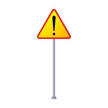 Exclamation Point In Yellow Triangle Road Sign On Metal Post Vector Illustration. Blank Destination Sign Isolated On White Background