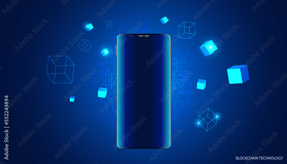 Poster abstract phone and square box concept digital technology futuristic modern cryptocurrency blockchain