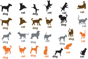 CAT AND DOG SILHOUETTE WITH DIFFERENT STYLES AND MOVEMENTS ON A WHITE BACKGROUND