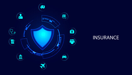 Abstract shield and circle digital concept, insurance, health insurance, finance, life insurance, car, home or security. on blue background beautiful digital