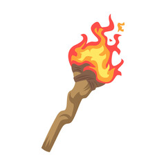 Ancient burning torch, tool for prehistoric people. Vector illustration of stone, bone and wood weapon for hunting animal isolated on white