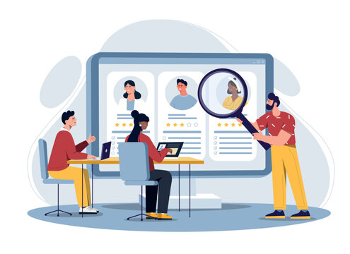 People Hiring Concept. Men With Magnifying Glass Evaluate Candidates For Vacancies. Analysis And Recruitment In Company, HR Managers In Workplace. Rating And Ranking. Cartoon Flat Vector Illustration