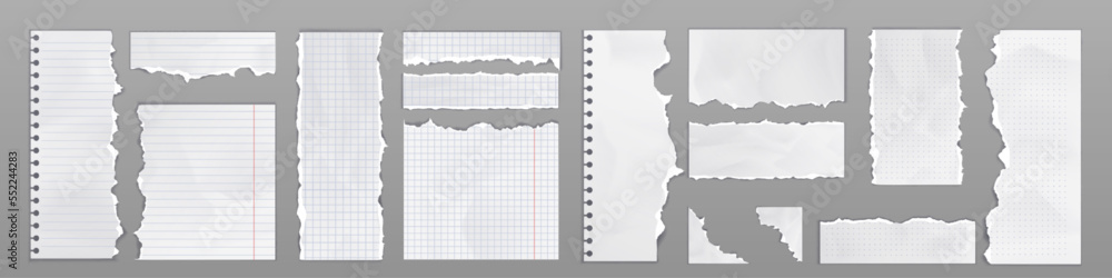 Poster notebook pages with torn edges. ripped paper sheets and scraps with square grid and striped patten. 