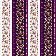 Seamless striped pattern with precious jewelry elements, gold, silver beads, chains, pink gems. Ornate mosaic style. Good for clothing, apparel, fabric, textile, surface design.