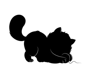 Silhouette of fat cat. Kitten played, aesthetics and elegance. Graphic element for printing on fabric. Minimalistic creativity and art. Love for animals and pets. Cartoon flat vector illustration