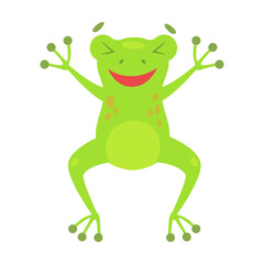 Cute frog doing exercises cartoon illustration. Funny green croaking toad isolated on white background. Flat vector