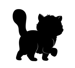 Silhouette of fat cat. Charming kitten walks. Mascot or toy for children. Stylish logotype for company or organization, branding. Poster or banner for website. Cartoon flat vector illustration