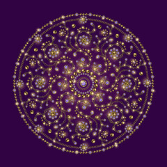 Jewelry mandala made of motifs with swirls. Round ornament made of gold jewelry chains, purple gems, rhinestones, ball beads in vintage style. For prints, poster, cover, textile, surface design.