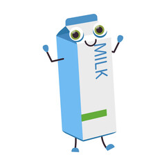 Cardboard box with milk. Funny happy character of morning food. Vector illustration of cute menu for restaurant, cafe or home isolated on white