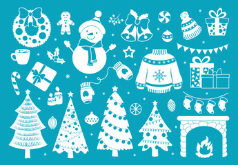 White Christmas set. Collection of stickers for social networks. Winter holidays and New Year. Culture and traditions, festival. Cartoon flat vector illustrations isolated on blue background