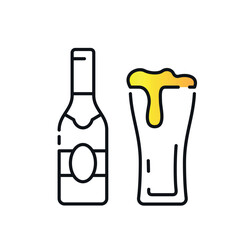 Brewery drink icon. Bottle of beer, wine or champagne with glass. Advertising poster or banner for cafe or restaurant. Template, layout and mock up for website. Cartoon flat vector illustration