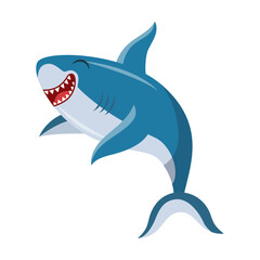 Cute shark laughs merrily, cartoon character vector illustration. Emotion of big blue comic fish, underwater predator isolated on white background