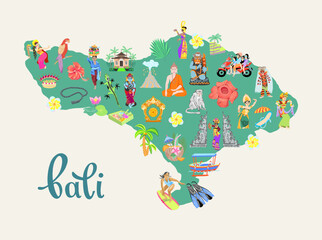 Cute cartoon map of Bali island, Indonesia, flat design vector illustration. - 552245453