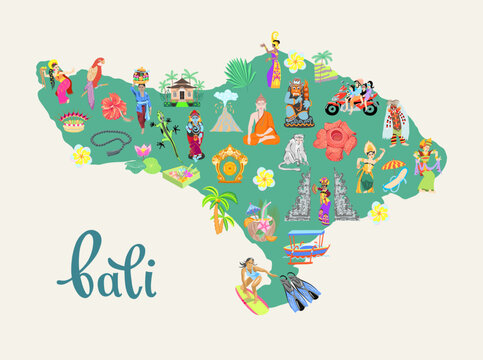 Cute cartoon map of Bali island, Indonesia, flat design vector illustration.