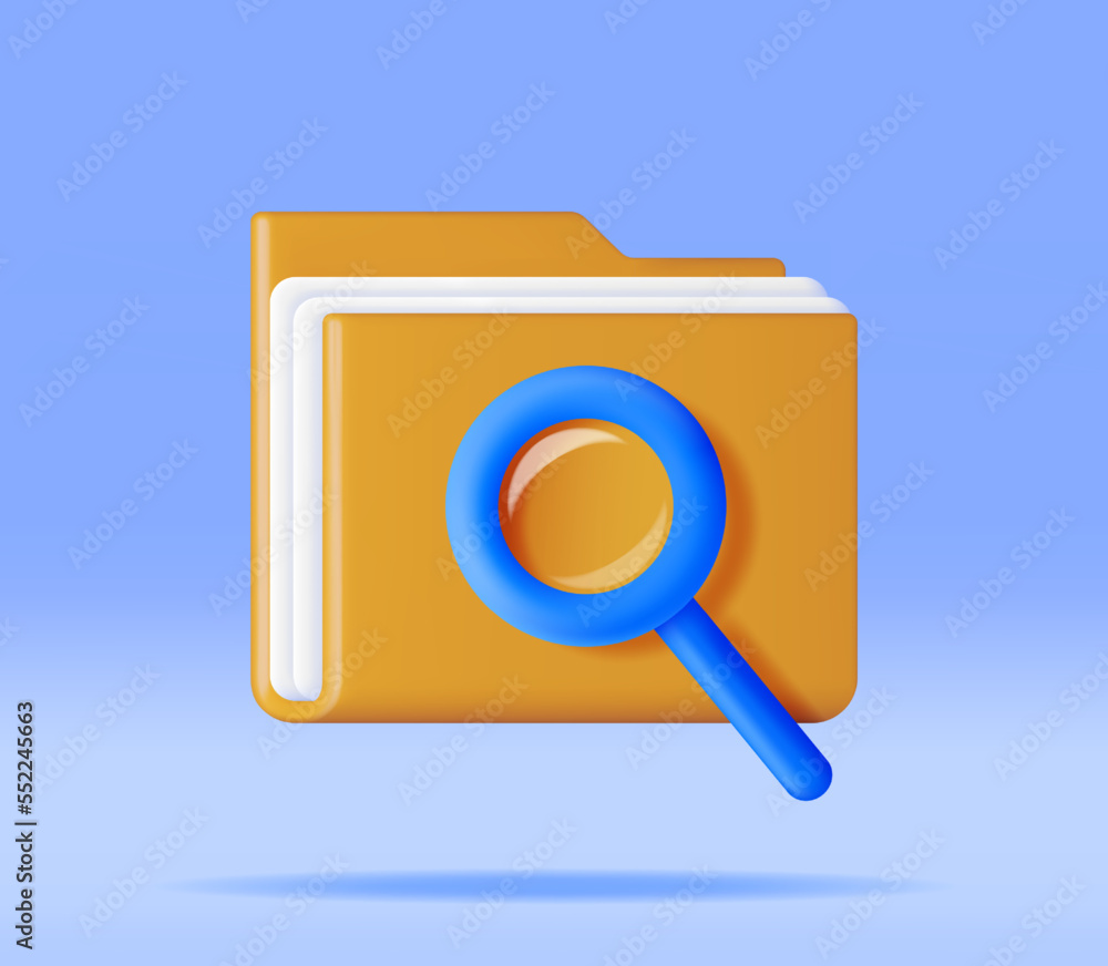 Poster 3d document folder with magnifying glass. render analysis of folder with loupe. focus research and o