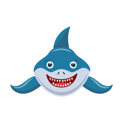 Cute shark smiles friendly, cartoon character vector illustration. Emotion of big blue comic fish, underwater predator isolated on white background