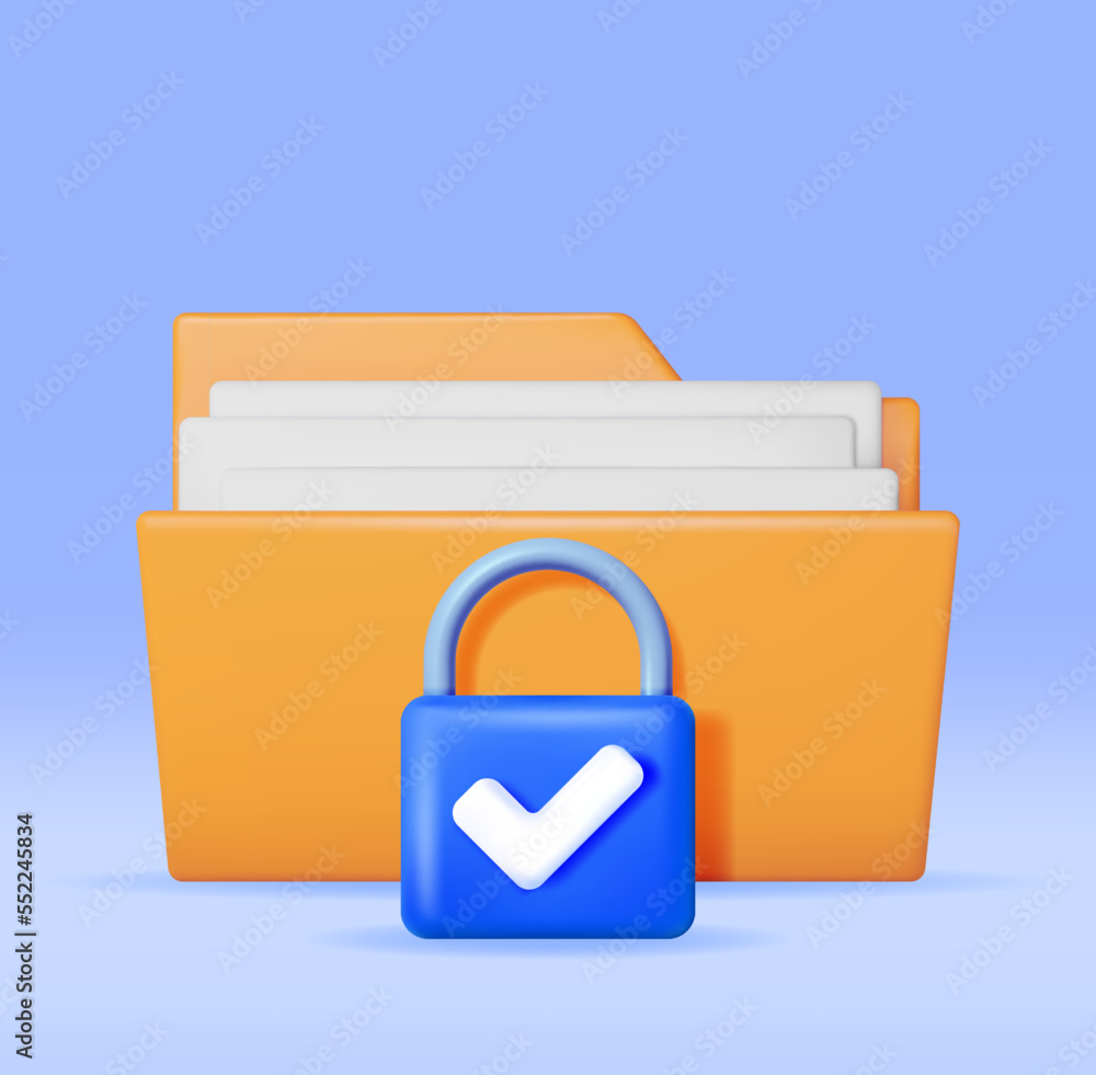 Poster 3d document folder with padlock isolated. render folder and pad lock. concept of business security, 