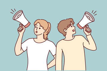 Man and woman use loudspeaker to invite everyone to event or make important announcement. Guy and girl are shouting loudly turning in different directions trying to spread word. Flat vector design 